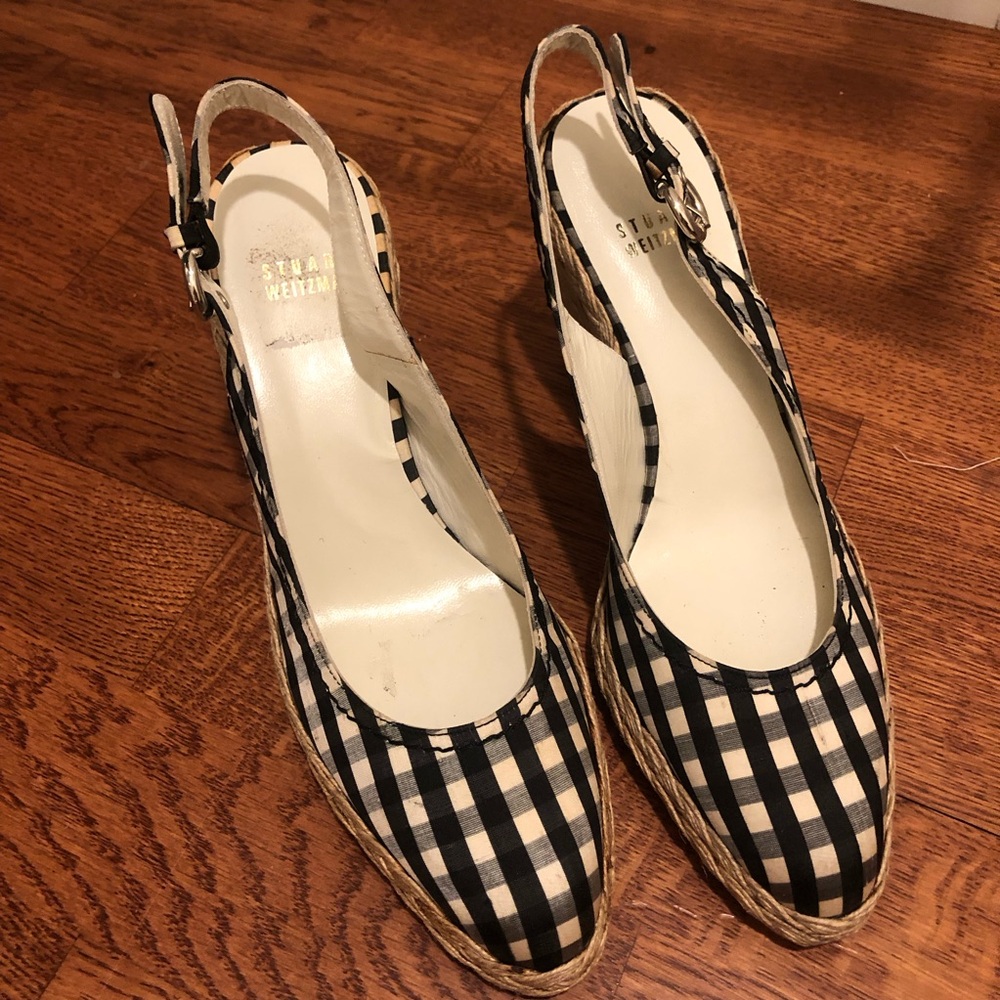 Stuart Weitzman Womens Espadrille Sandal Closed Toe Wedge Checkered Shoes